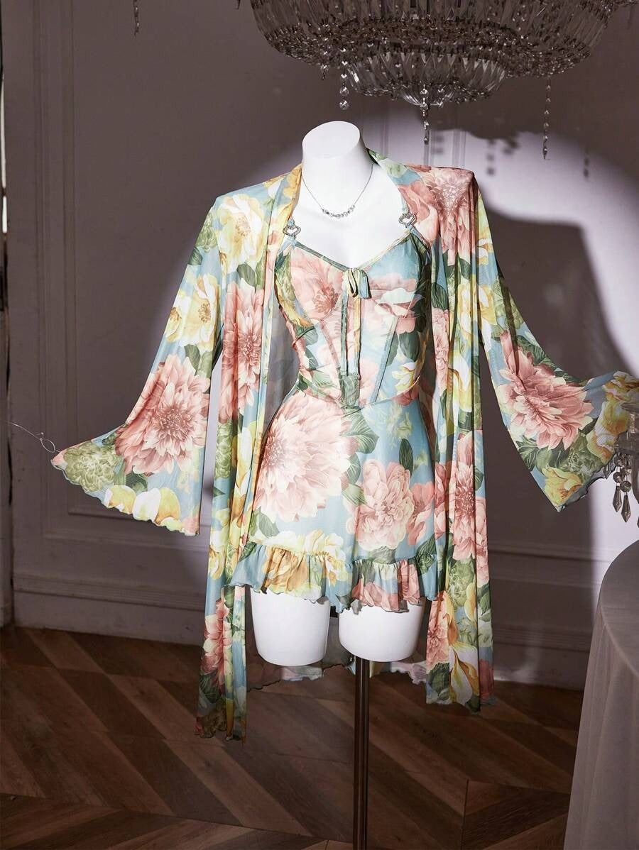 SHEIN Slumberist طقم قميص وإزار بطبعة زهرية ودانتيل