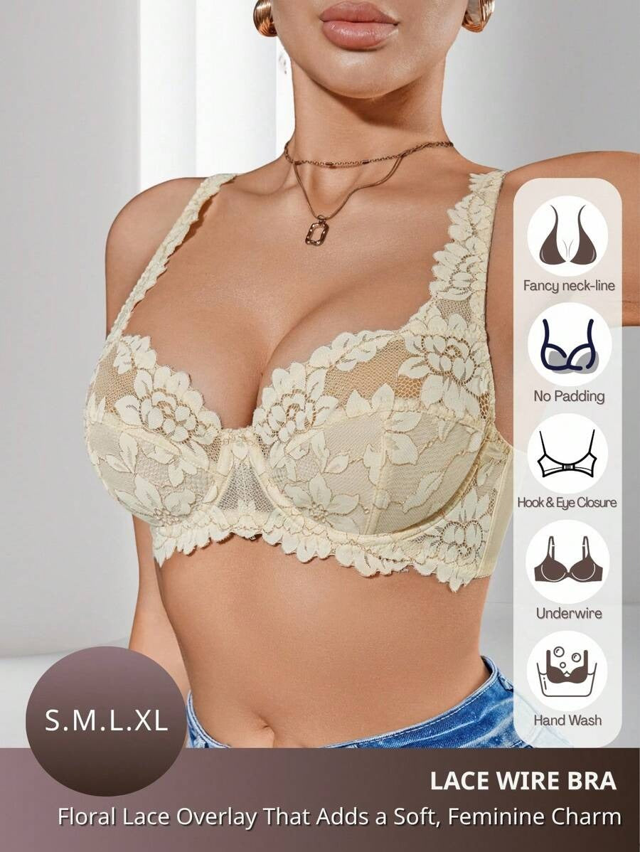 SHEIN حمالة صدر دانتيل بلون أصفر ناعم