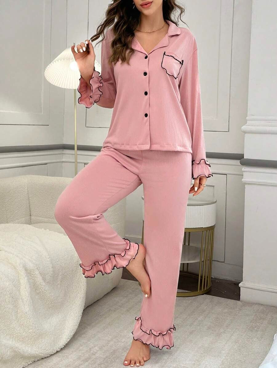 SHEIN بيجامة نسائية من قطعتين بلون وردي