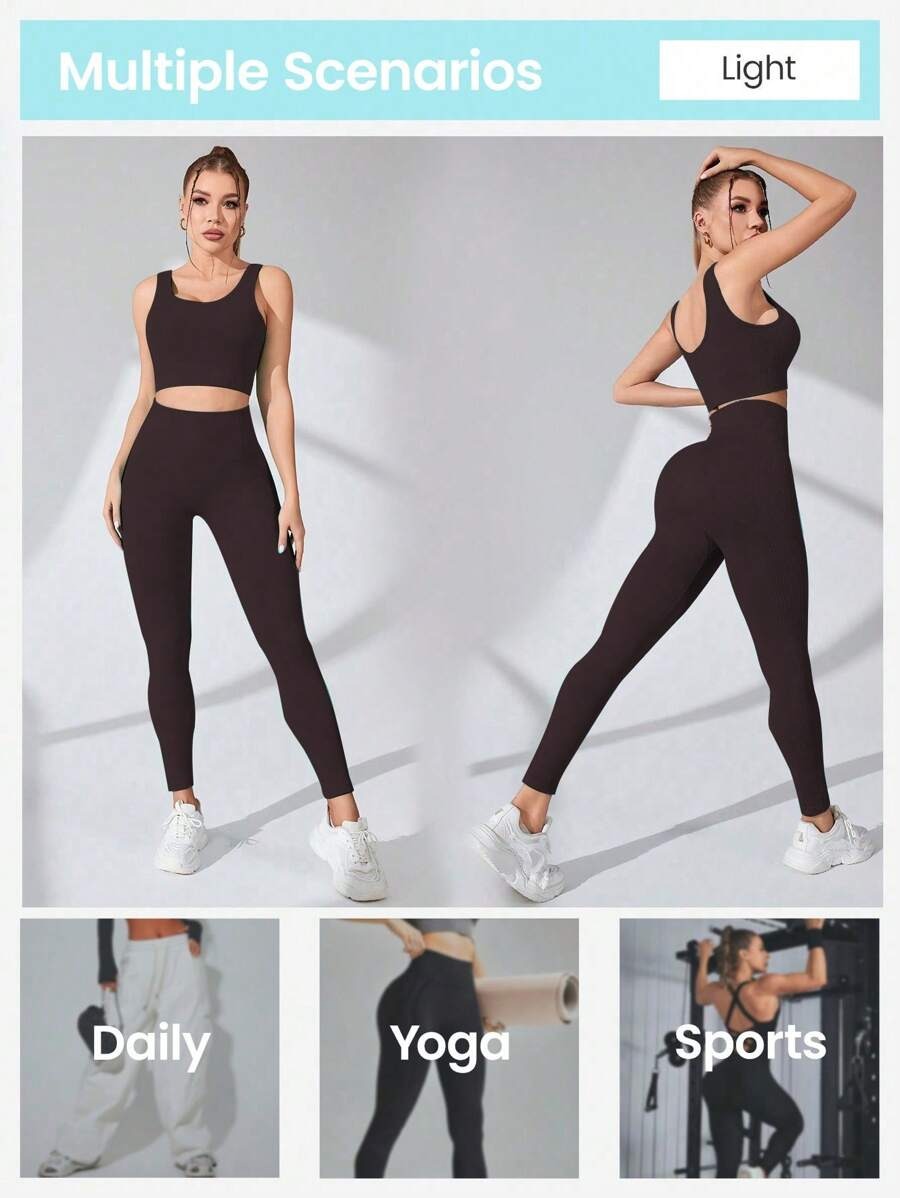 SHEIN طقم رياضي نسائي من قطعتين بلون قهوة بني
