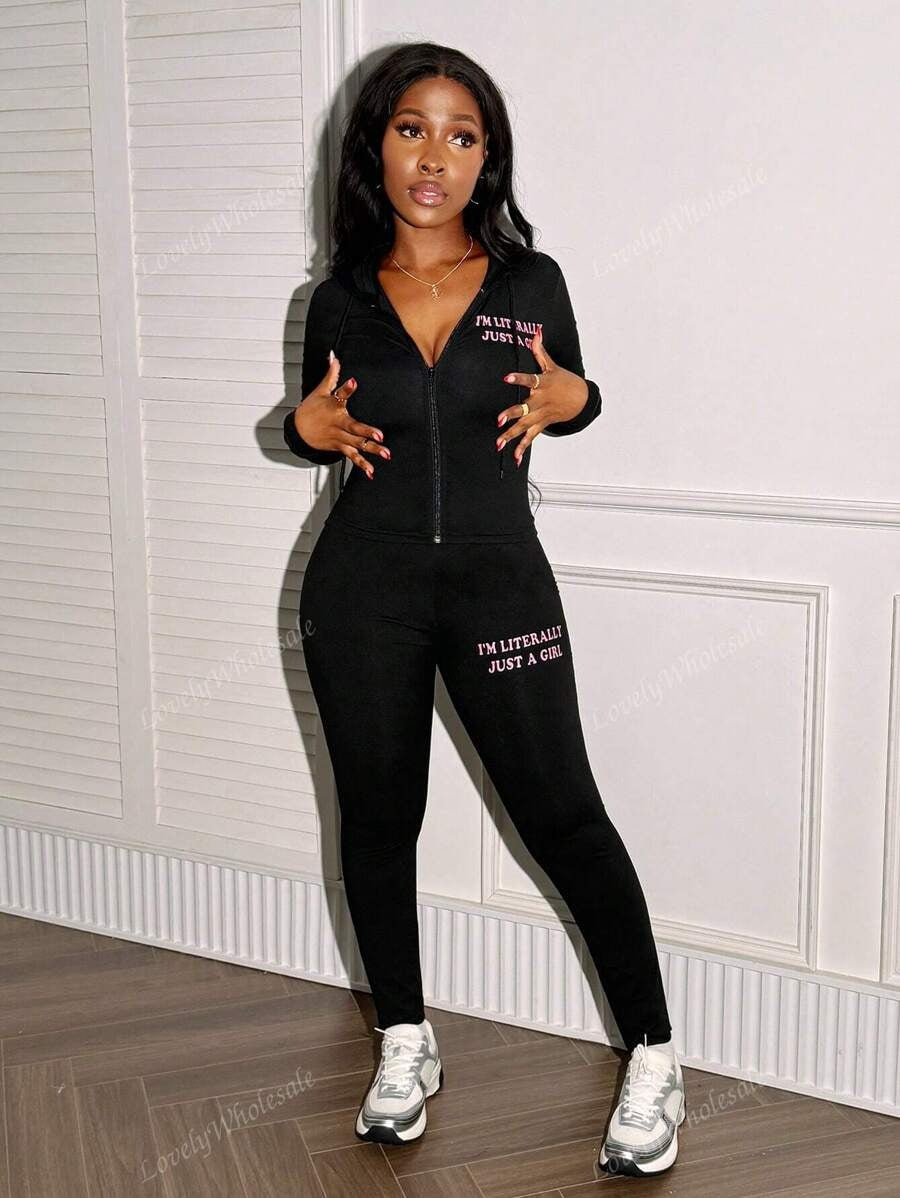 SHEIN طقم رياضي نسائي كاجوال أسود جاكيت بسحاب وبنطلون