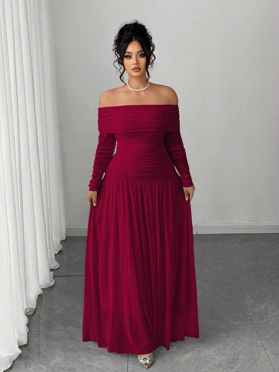 SHEIN Elenzga فستان ناعم طويل الأكمام بدون أكتاف مكشوف الظهر