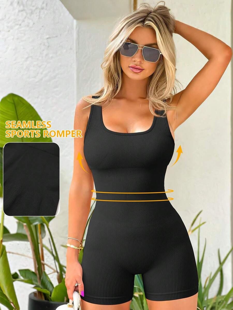 SHEIN Yefecy جمبسوت رياضي اسود مضلع ومرن