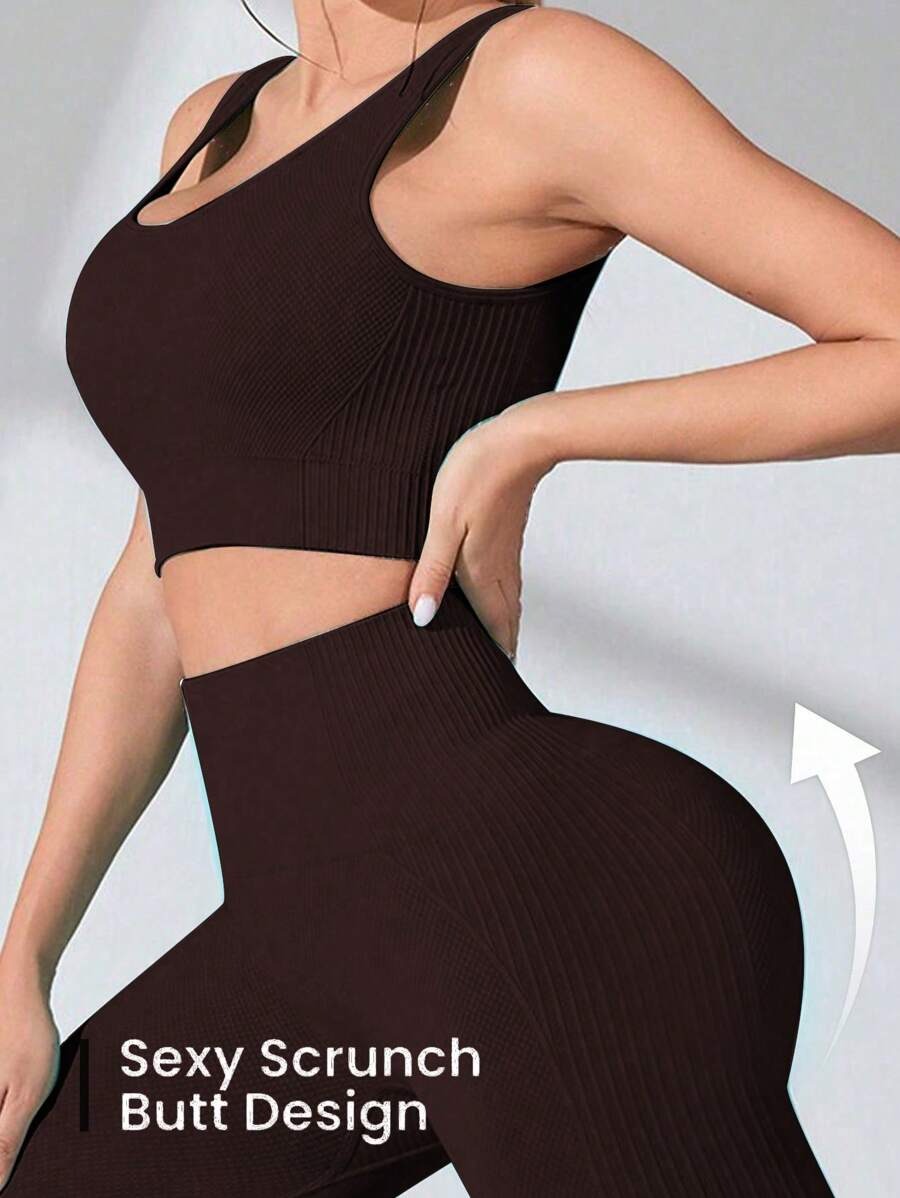 SHEIN طقم رياضي نسائي من قطعتين بلون قهوة بني