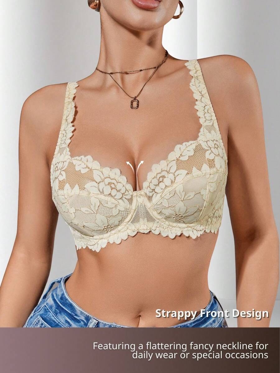 SHEIN حمالة صدر دانتيل بلون أصفر ناعم