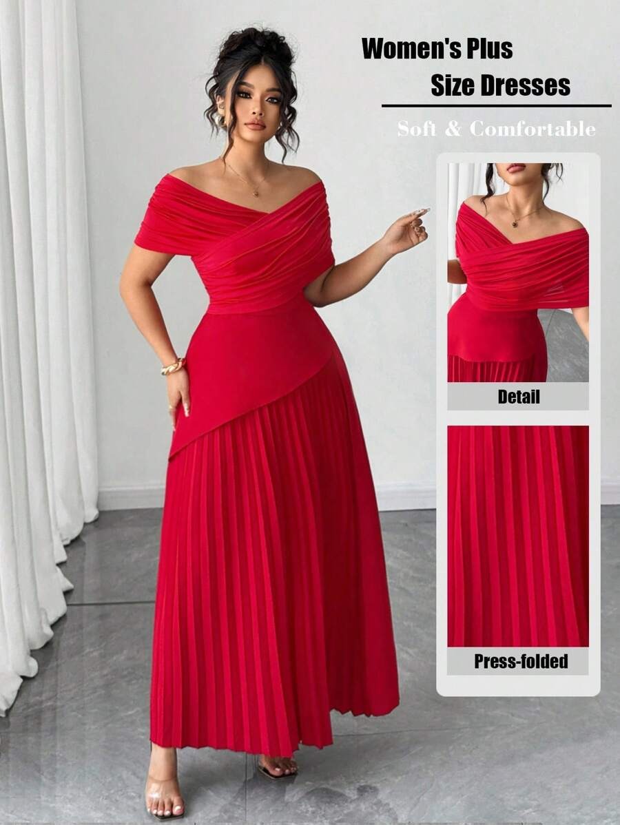 SHEIN Elenzga فستان احمر طويل بخامة خفيفة ومريحة مع إسدال الكتف