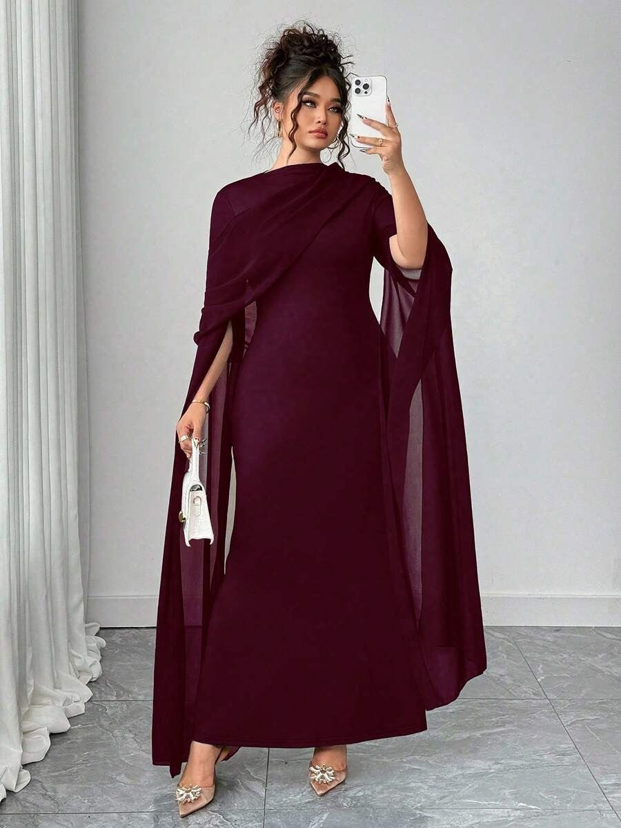 SHEIN Elenzga فستان ماكسي بلون عنابي للمقاسات الكبيرة