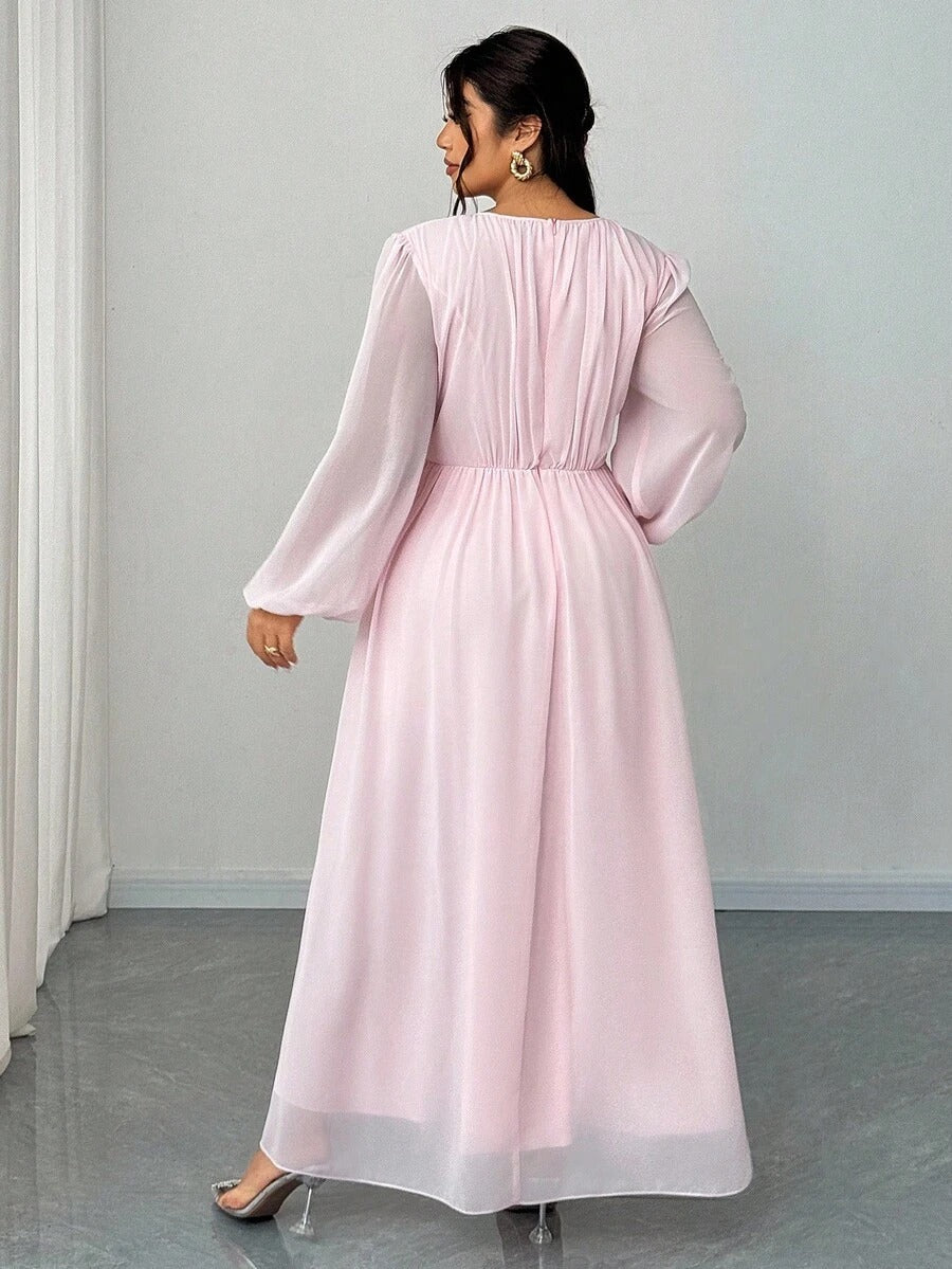 SHEIN Elenzga فستان طويل من الشيفون بأكمام واسعة وياقة دائرية بلون وردي