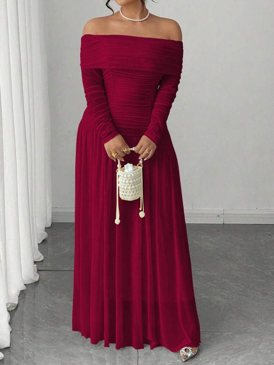 SHEIN Elenzga فستان ناعم طويل الأكمام بدون أكتاف مكشوف الظهر
