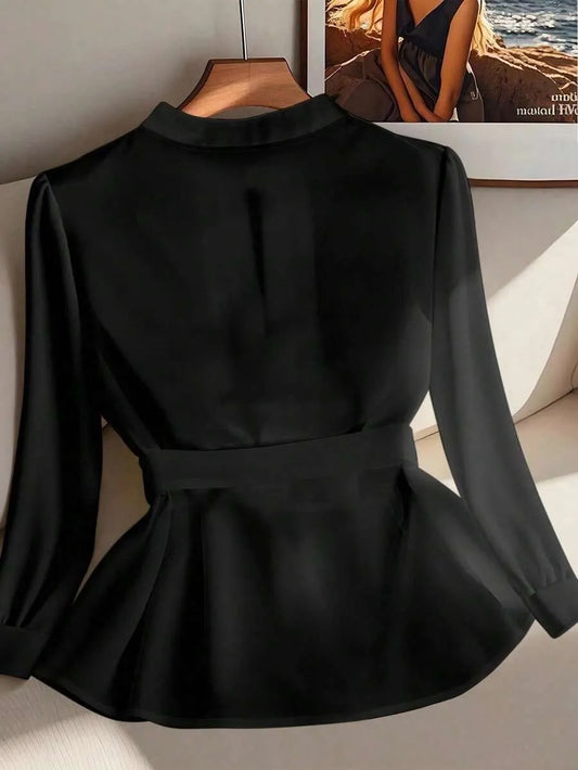 SHEIN Franclia قميص نسائي بأكمام طويلة وتصميم ضيق بلون أحادي
