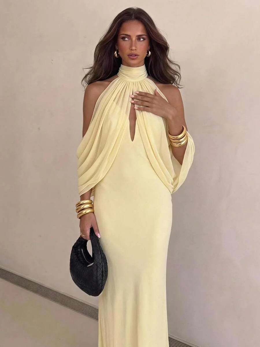 SHEIN Aloruh فستان أصفر شاحب من الشبك المحبوك بدون أكتاف وقصة ضيقة