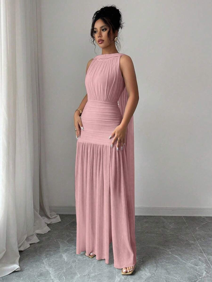 SHEIN Elenzga فستان وردي بظهر مفتوح بشق وطيات