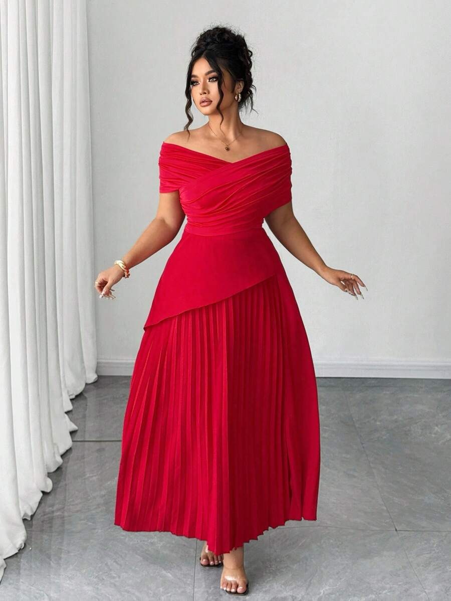 SHEIN Elenzga فستان احمر طويل بخامة خفيفة ومريحة مع إسدال الكتف