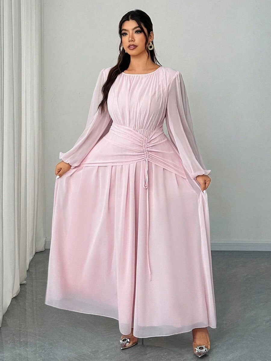 SHEIN Elenzga فستان طويل من الشيفون بأكمام واسعة وياقة دائرية بلون وردي