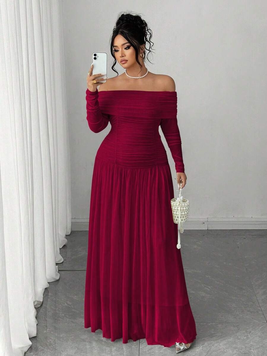SHEIN Elenzga فستان ناعم طويل الأكمام بدون أكتاف مكشوف الظهر