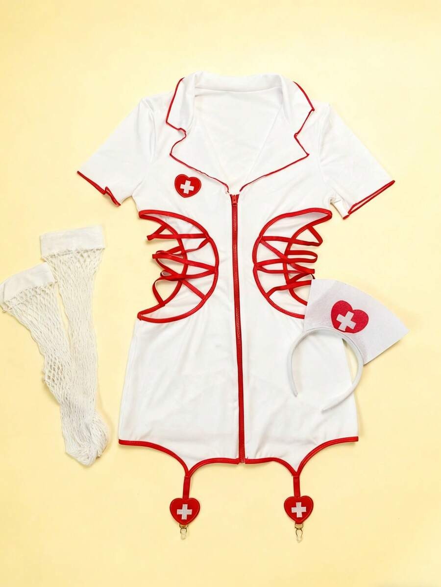 SHEIN Fantasy Costume طقم لانجيري من 3 قطع يشمل فستان قصير بسحاب أمامي وجوارب طويلة وقبعة