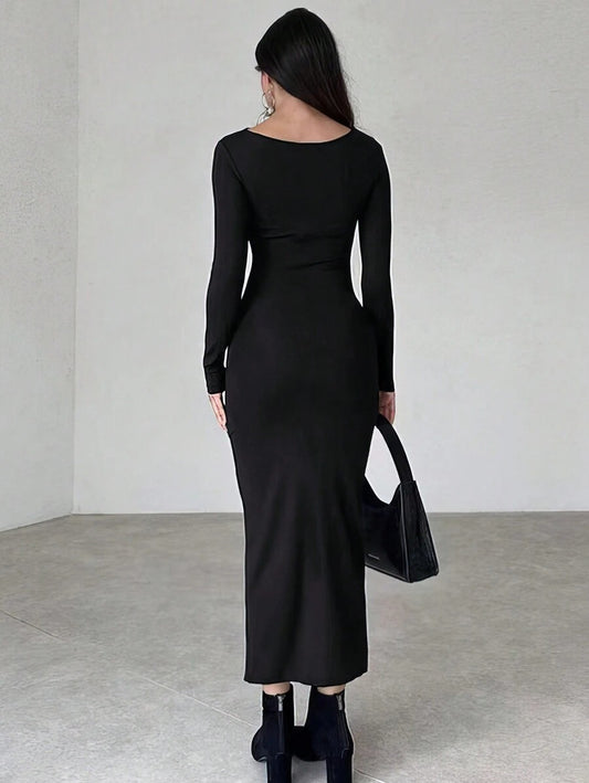 SHEIN INAWLY فستان اسود بياقة واقفة وأكمام بطيات