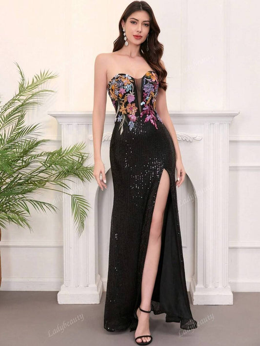 SHEIN Ladybeauty فستان سهرة طويل أسود بترتر ولمعة بتصميم ذيل السمكة