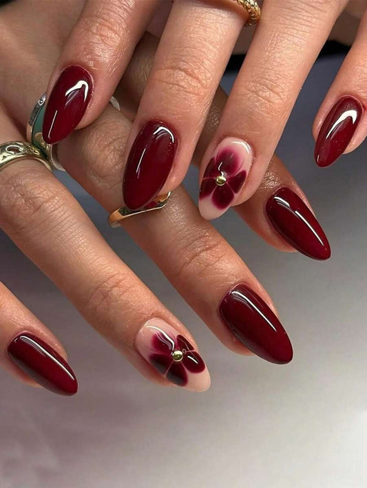 SHEIN طقم أظافر لوزية فرنسية بطبعة ورد – 24 قطعة