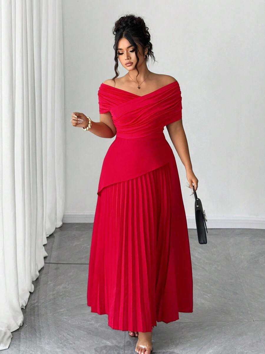 SHEIN Elenzga فستان احمر طويل بخامة خفيفة ومريحة مع إسدال الكتف