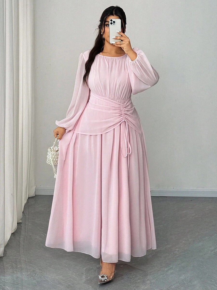 SHEIN Elenzga فستان طويل من الشيفون بأكمام واسعة وياقة دائرية بلون وردي