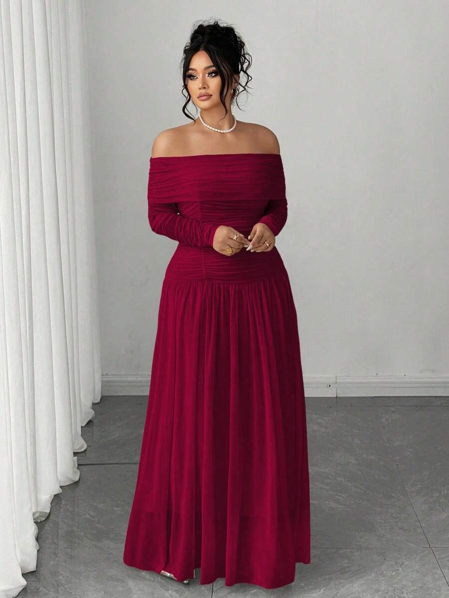 SHEIN Elenzga فستان ناعم طويل الأكمام بدون أكتاف مكشوف الظهر