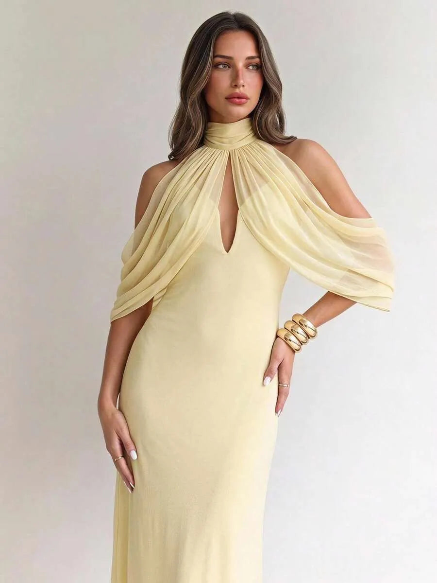 SHEIN Aloruh فستان أصفر شاحب من الشبك المحبوك بدون أكتاف وقصة ضيقة