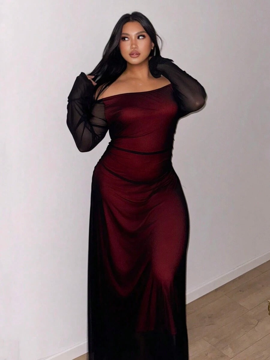 SHEIN فستان أنيق أحمر بطبقة شبكية على الكتف وأكمام طويلة