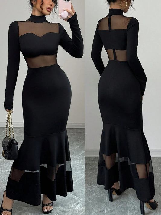 SHEIN Chiquease  فستان شفاف بلون أسود بشبك مخملي
