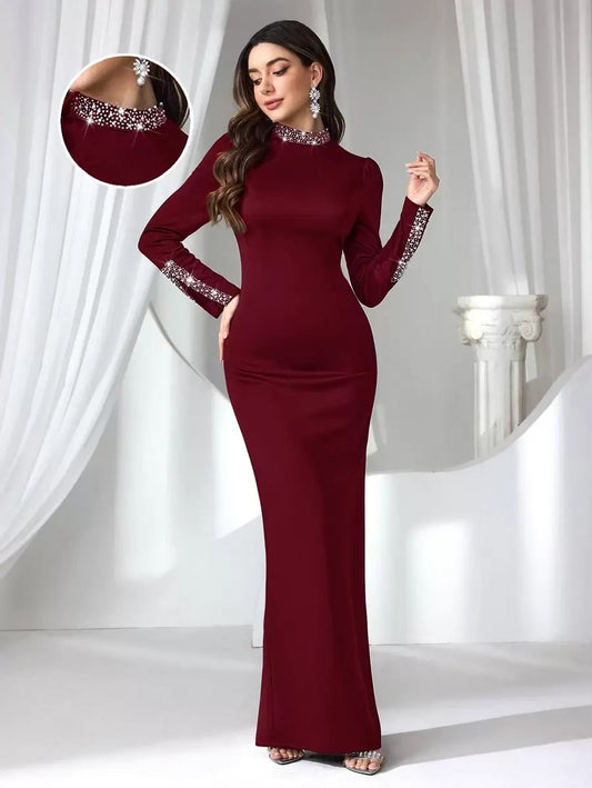 SHEIN Coutiva فستان سهرة ماكسي أنيق مرصع بالراين ستون والؤلؤ