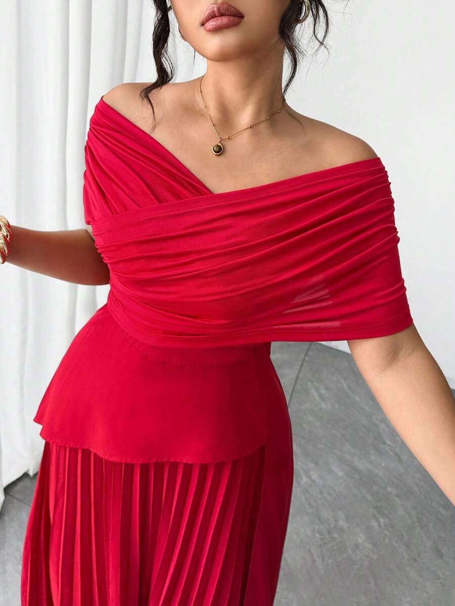 SHEIN Elenzga فستان احمر طويل بخامة خفيفة ومريحة مع إسدال الكتف