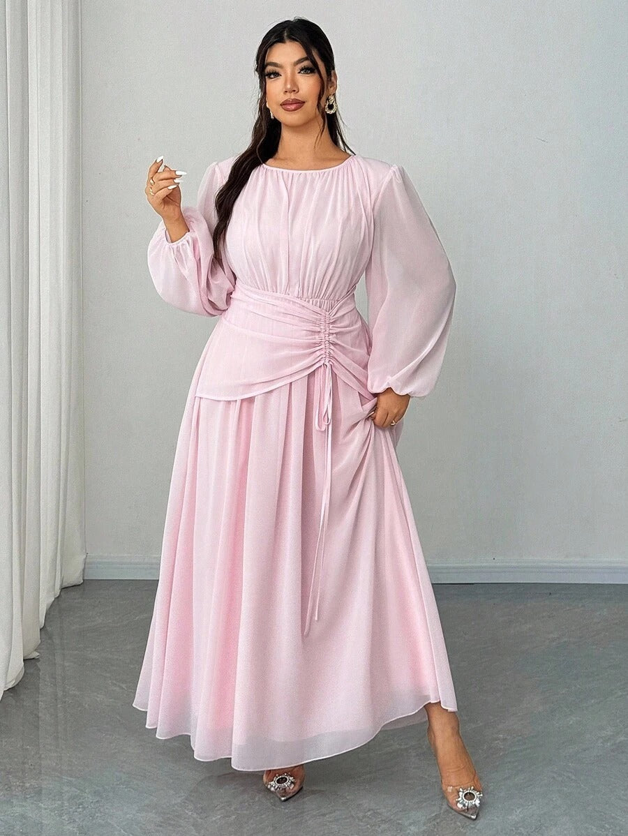 SHEIN Elenzga فستان طويل من الشيفون بأكمام واسعة وياقة دائرية بلون وردي