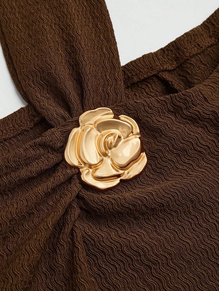 SHEIN Elenzga فستان ماكسي بني مقاس كبير بأكتاف غير متماثلة
