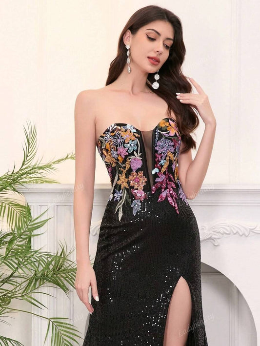 SHEIN Ladybeauty فستان سهرة طويل أسود بترتر ولمعة بتصميم ذيل السمكة