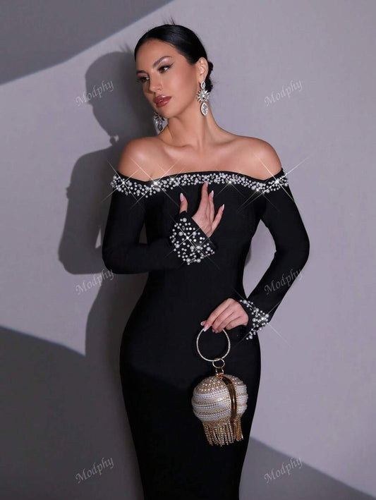 SHEIN Modphy فستان أسود أنيق بترتر ولمعة مع أكمام طويلة تكشف الكتفين