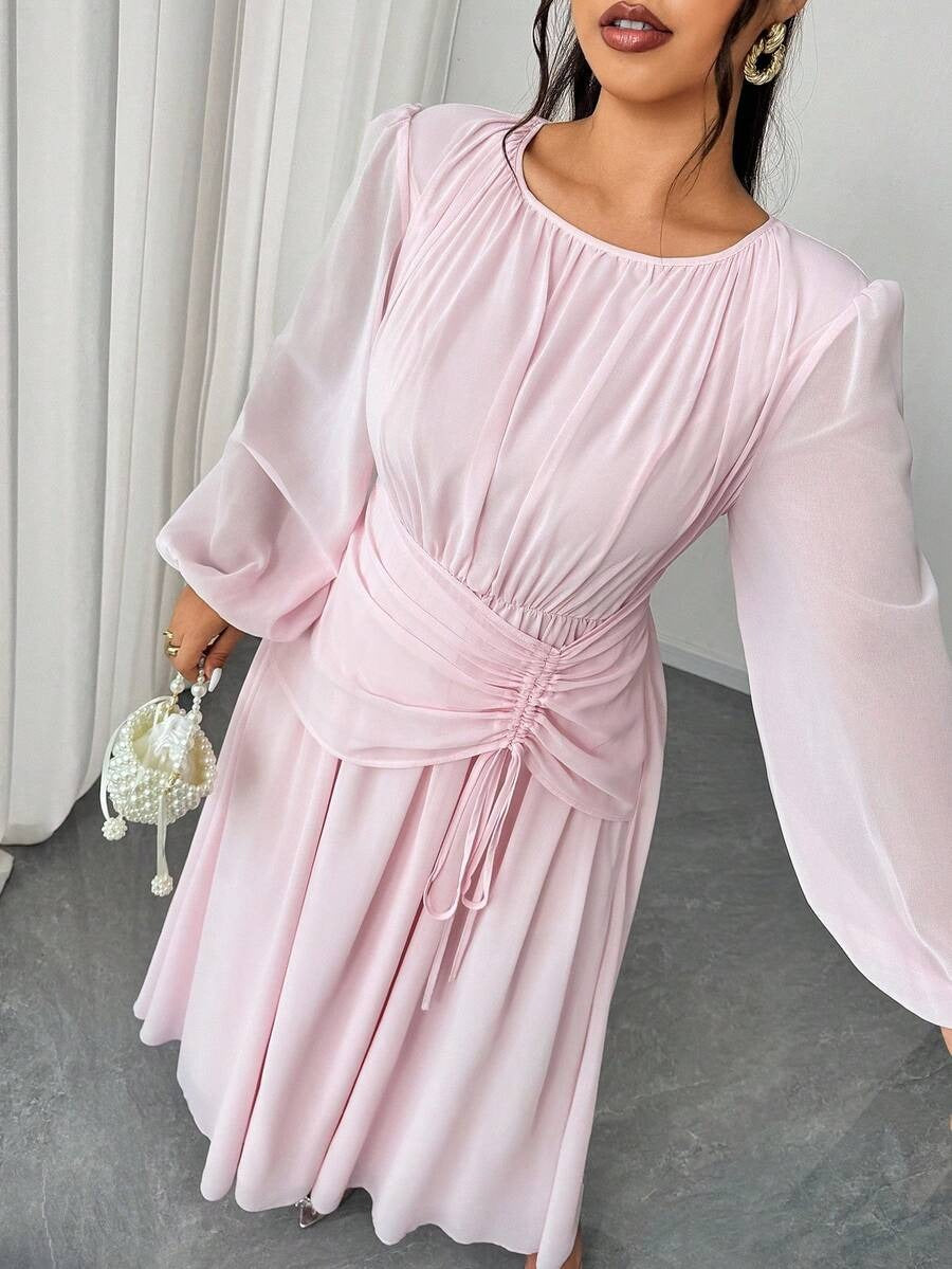 SHEIN Elenzga فستان طويل من الشيفون بأكمام واسعة وياقة دائرية بلون وردي