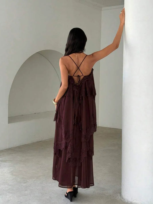 SHEIN Aloruh فستان برغندي طويل من الشيفون والدانتيل بتصميم مرقع فضفاض