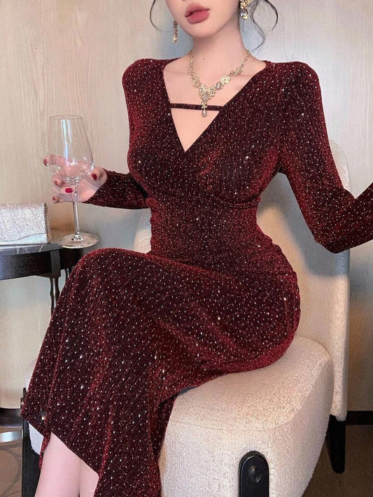 SHEIN DAZY فستان سهرة أحمر أنيق مرصع بالراين الأحمر
