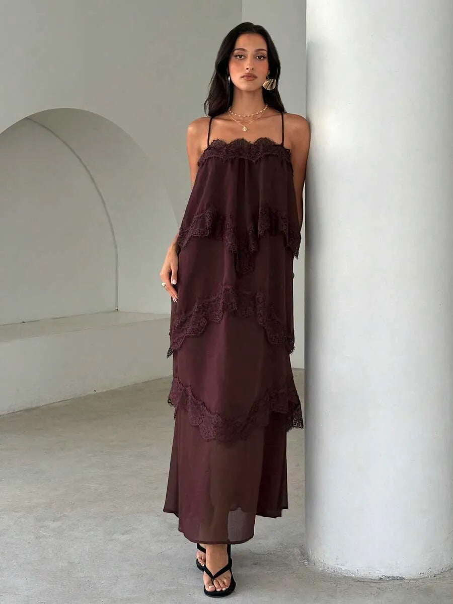SHEIN Aloruh فستان برغندي طويل من الشيفون والدانتيل بتصميم مرقع فضفاض