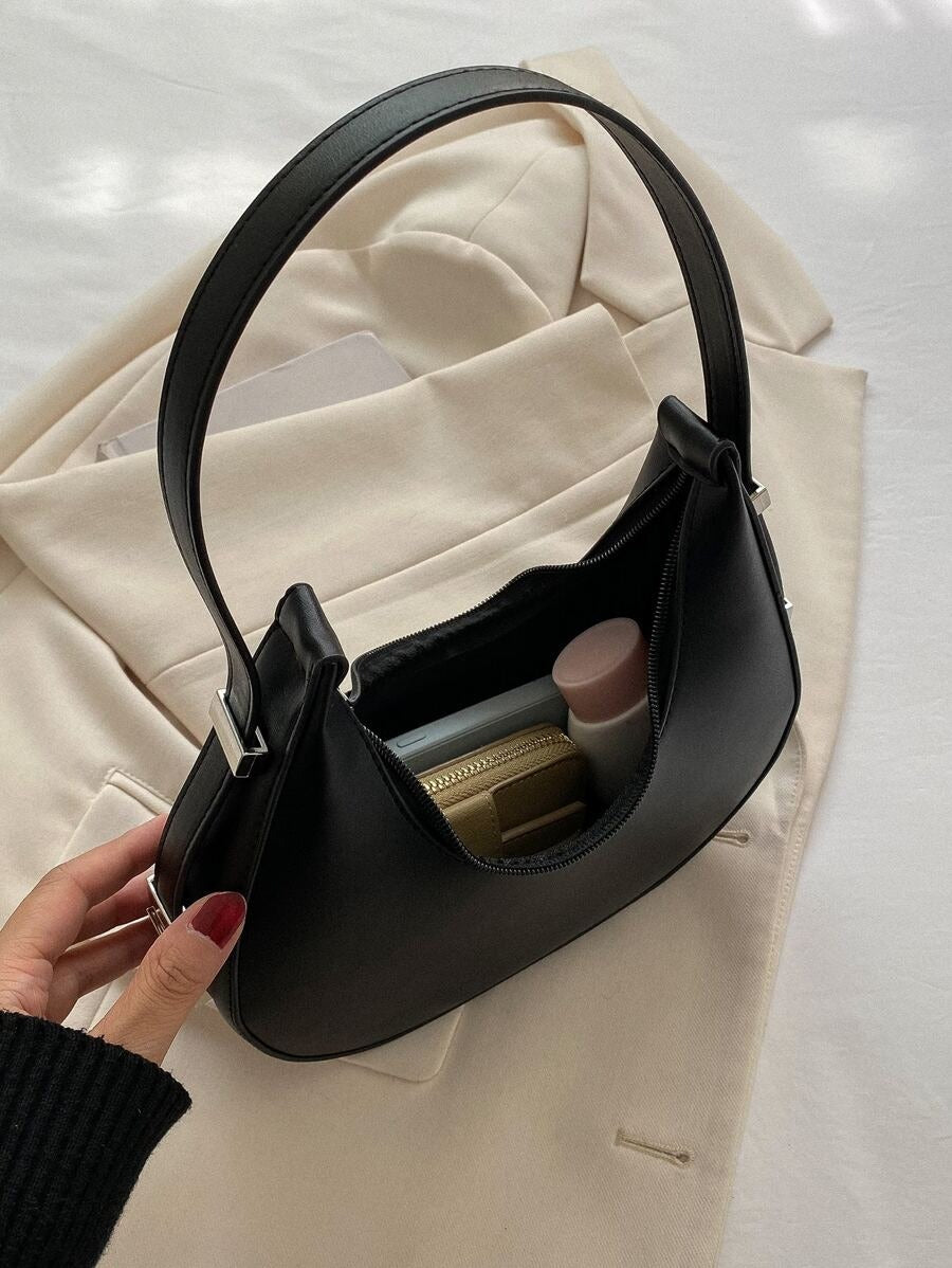SHEIN حقيبة هوبو نسائية بسيطة – جلد صناعي بلون أسود أنيق