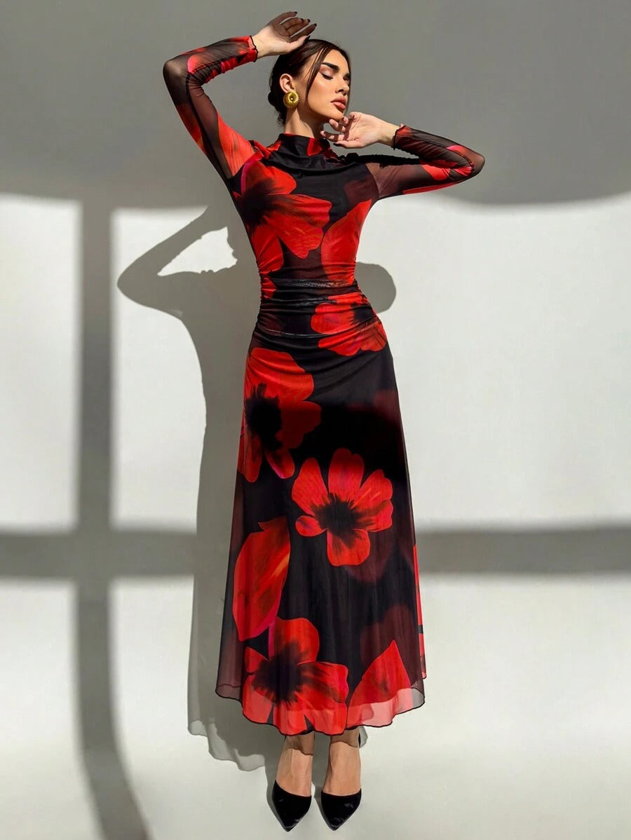 SHEIN Aloruh فستان كم طويل بطبعة زهور أحمر