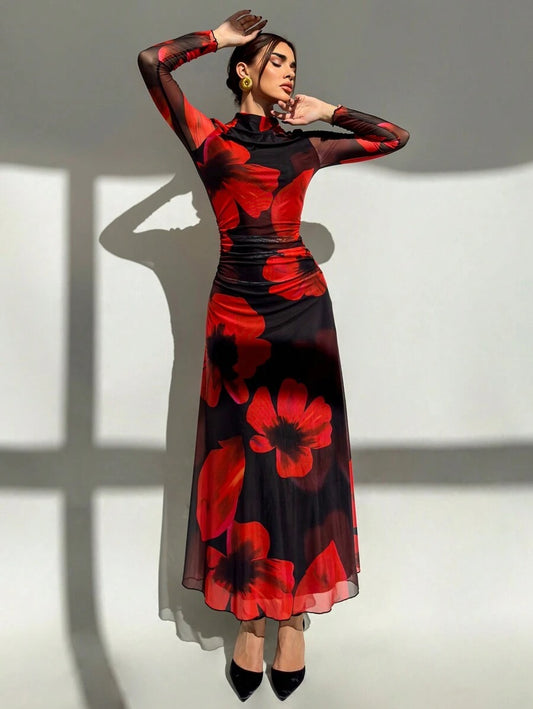 SHEIN Aloruh فستان كم طويل بطبعة زهور أحمر