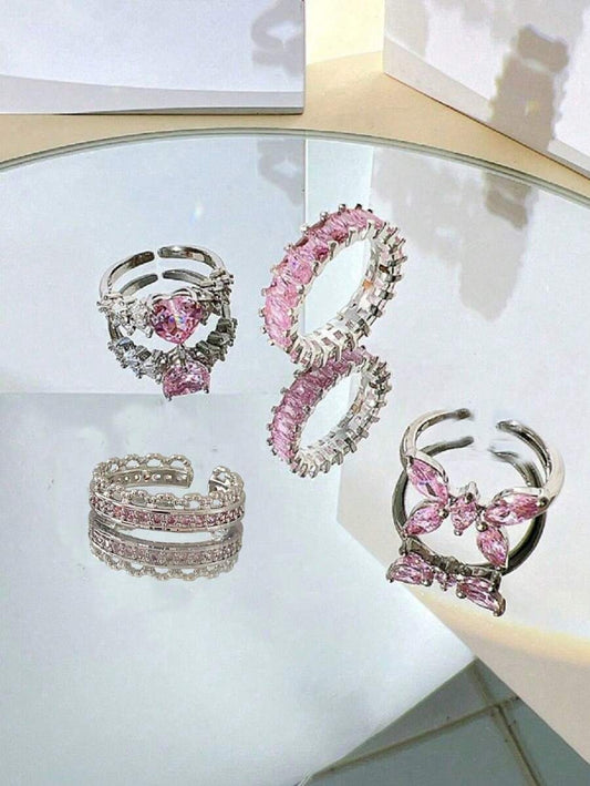 SHEIN Y2K طقم 4 خواتم كريستال وردي ستايل