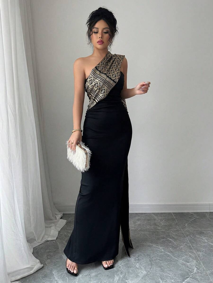 SHEIN Chiquease فستان أسود و شال طويل على الكتف