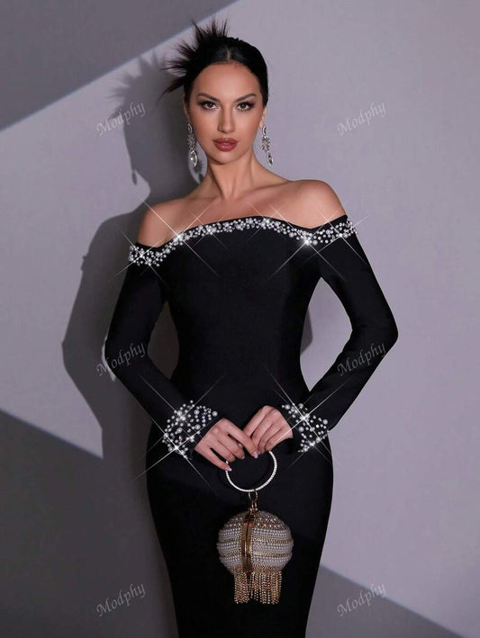 SHEIN Modphy فستان أسود أنيق بترتر ولمعة مع أكمام طويلة تكشف الكتفين