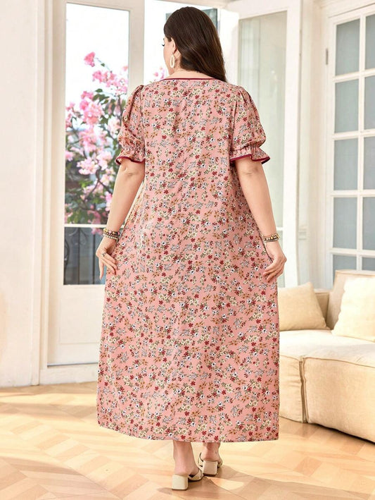 SHEIN فستان واسع بنقشة زهور برقبة مربعة وأكمام منتفخة