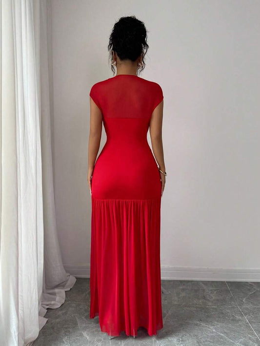 SHEIN Elenzga فستان ماكسي احمر بدون أكمام وشبك عند الخصر