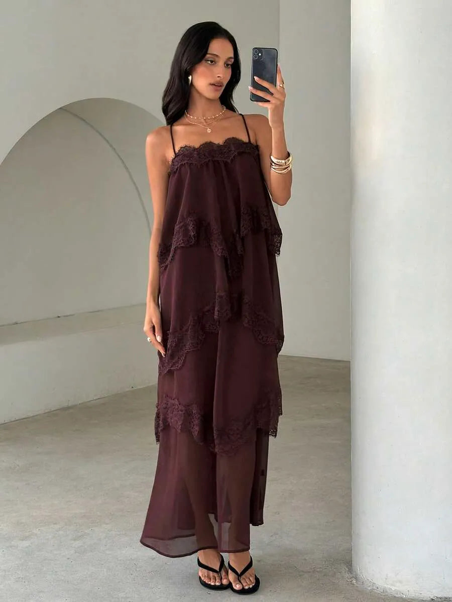 SHEIN Aloruh فستان برغندي طويل من الشيفون والدانتيل بتصميم مرقع فضفاض