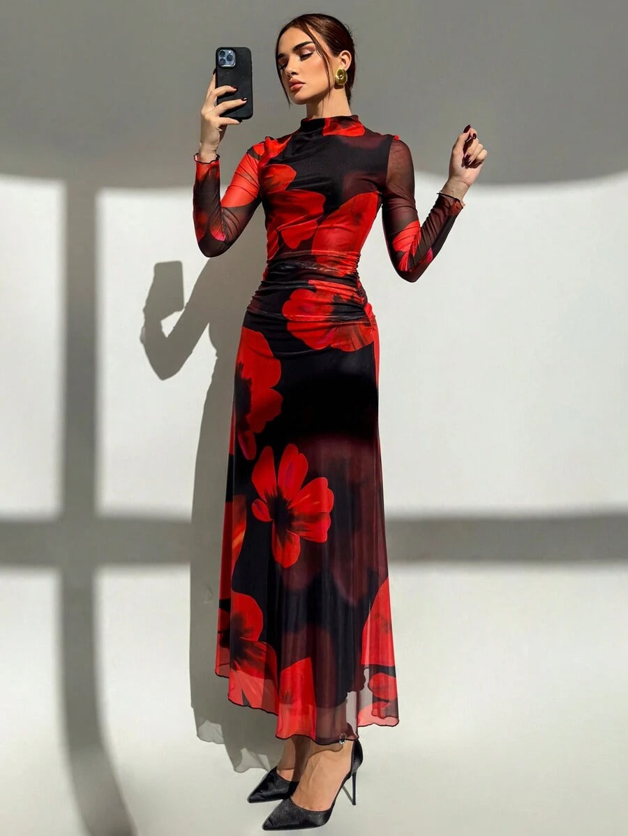 SHEIN Aloruh فستان كم طويل بطبعة زهور أحمر