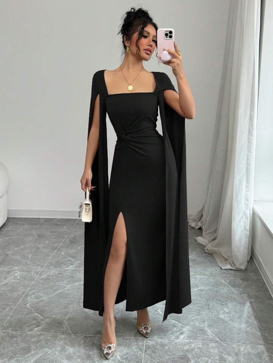 SHEIN Rafferiza فستان أسود ضيق بياقة مربعة